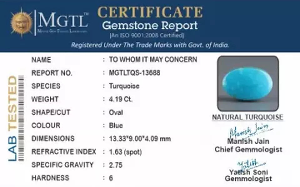 Arizona Turquoise - 4.19 Carat Prime Quality TQS-13688