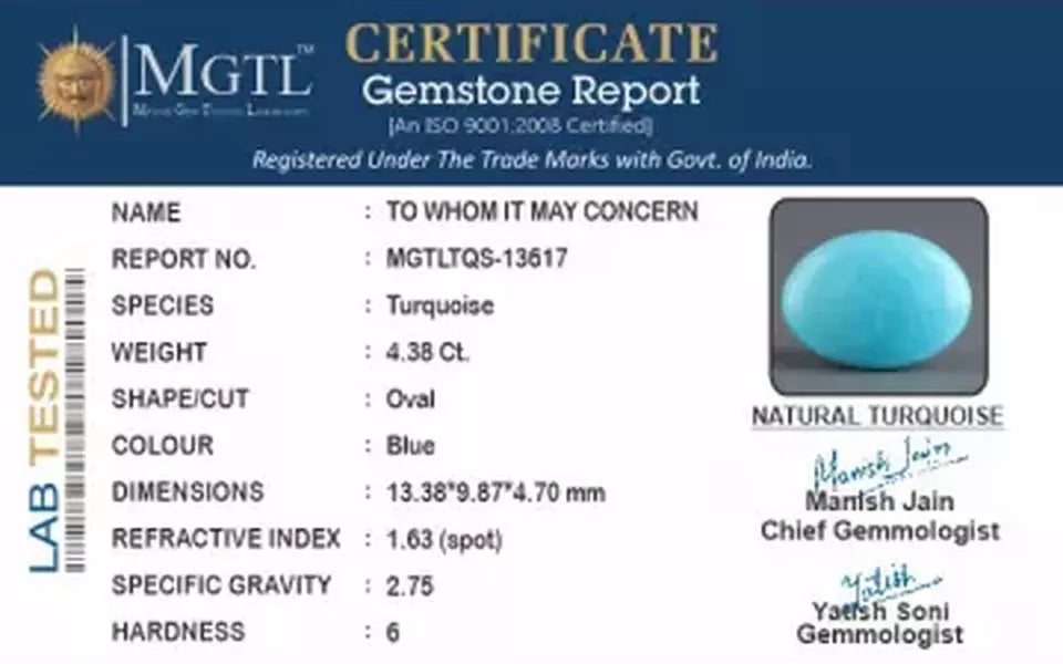 Arizona Turquoise - 4.38 Carat Prime Quality TQS-13617