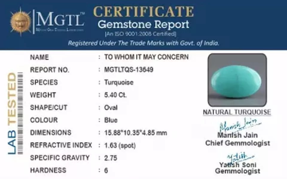 Arizona Turquoise - 5.40 Carat Prime Quality TQS-13649