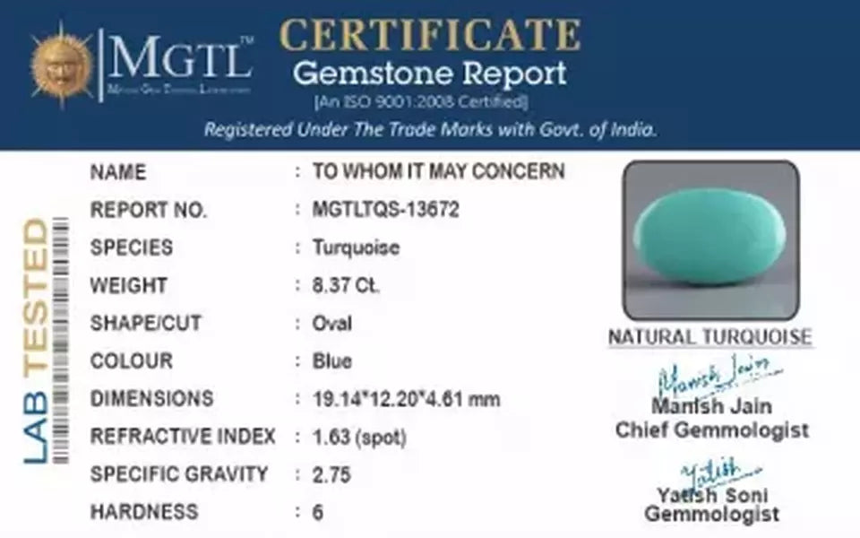 Arizona Turquoise - 8.37 Carat Prime Quality TQS-13672