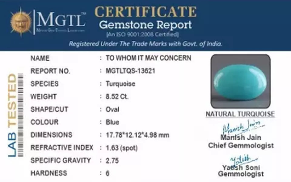 Arizona Turquoise - 8.52 Carat Limited Quality TQS-13621