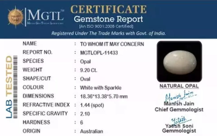 Natural Australian Opal certificate by MGTL gemological laboratory at MyRatna