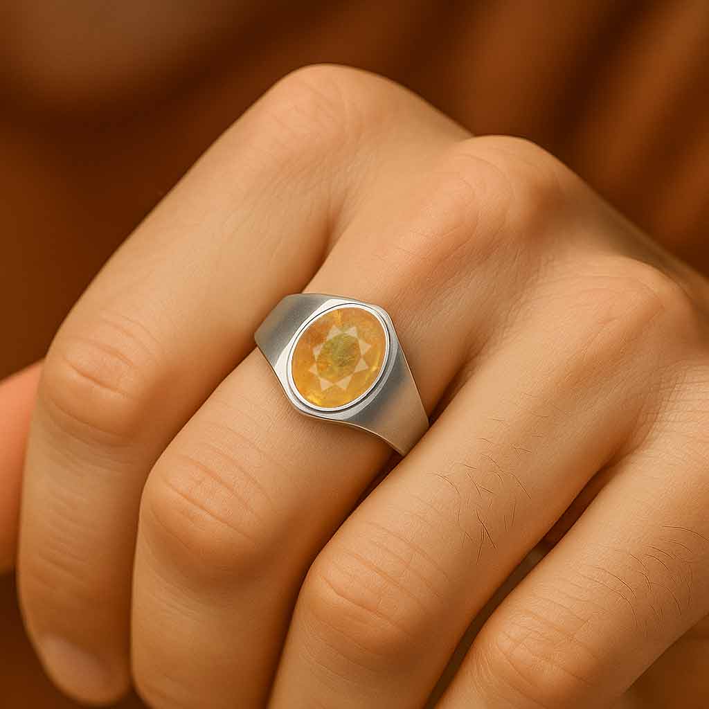 Authentic Handmade Sterling Silver Yellow Sapphire (Pukhraj) Ring for male