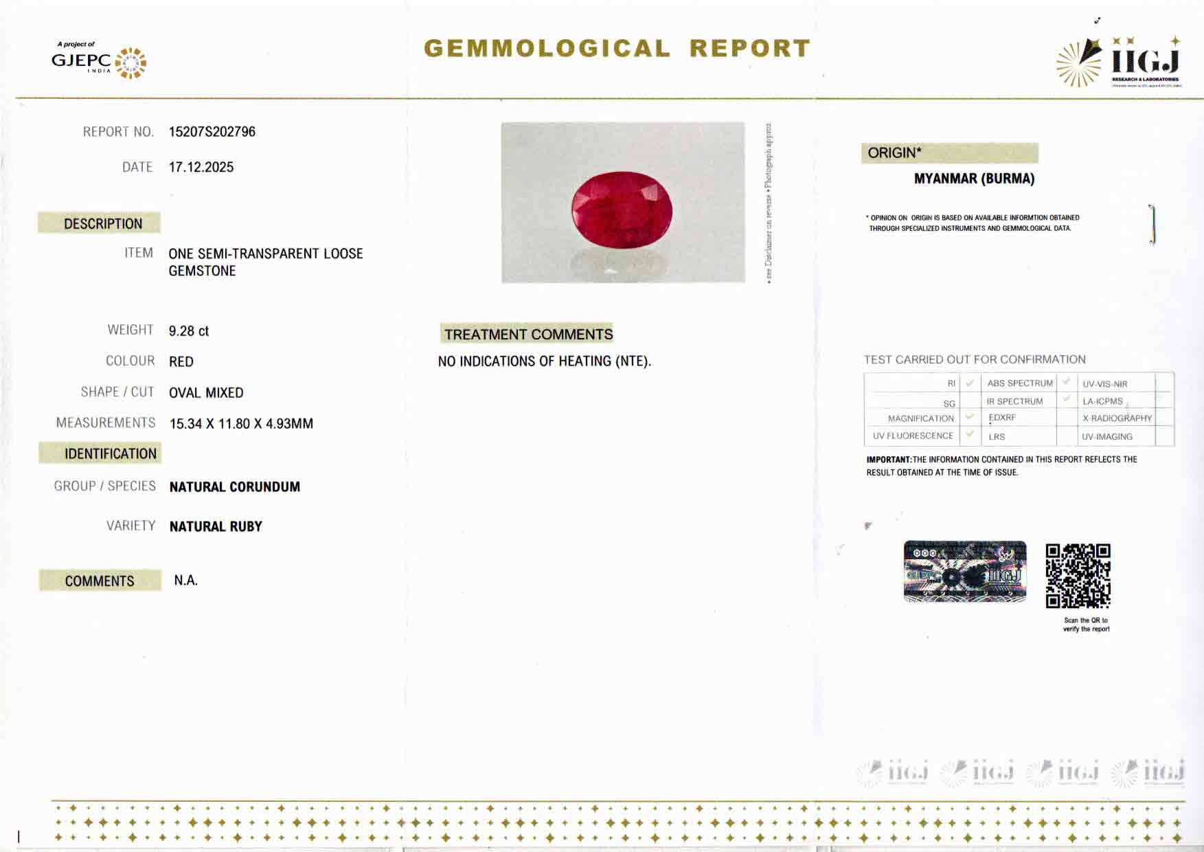 Burma Ruby - 9.28 Carat Rare Quality BR-7519