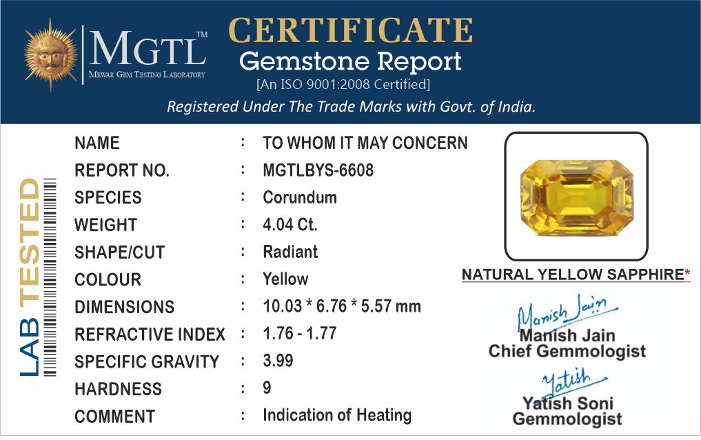 Thailand Yellow Sapphire - 4.04 Carat Limited Quality BYS-6608