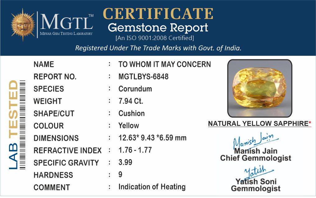 Thailand Yellow Sapphire - 7.94 Carat Limited Quality BYS-6848