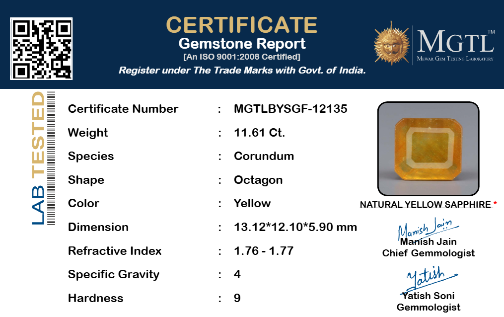 Thailand Yellow Sapphire - 11.61 Carat Limited Quality BYSGF-12135