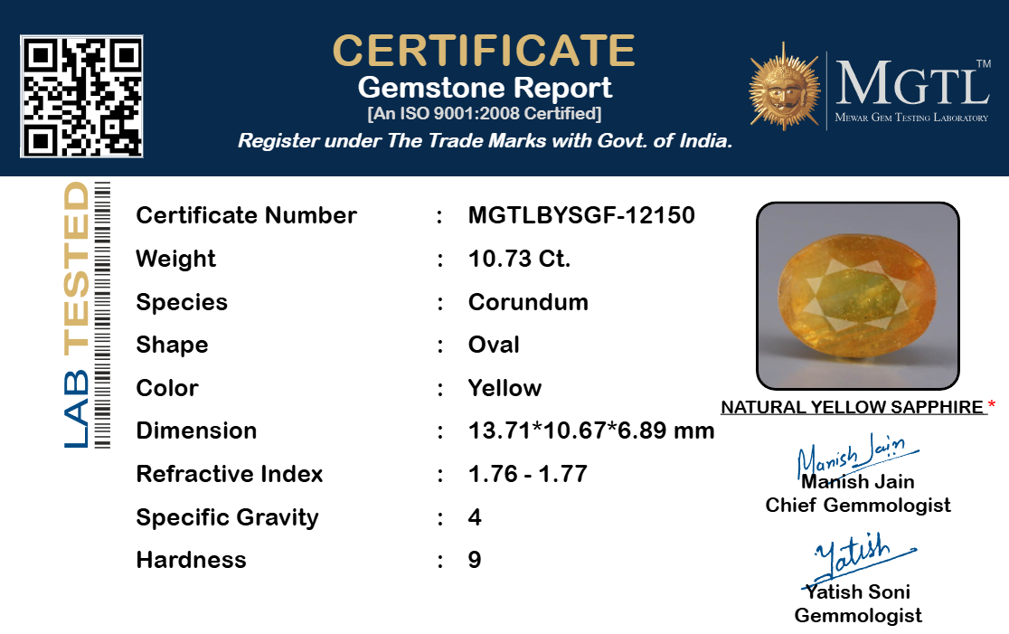 Thailand Yellow Sapphire - 10.73 Carat Limited Quality BYSGF-12150