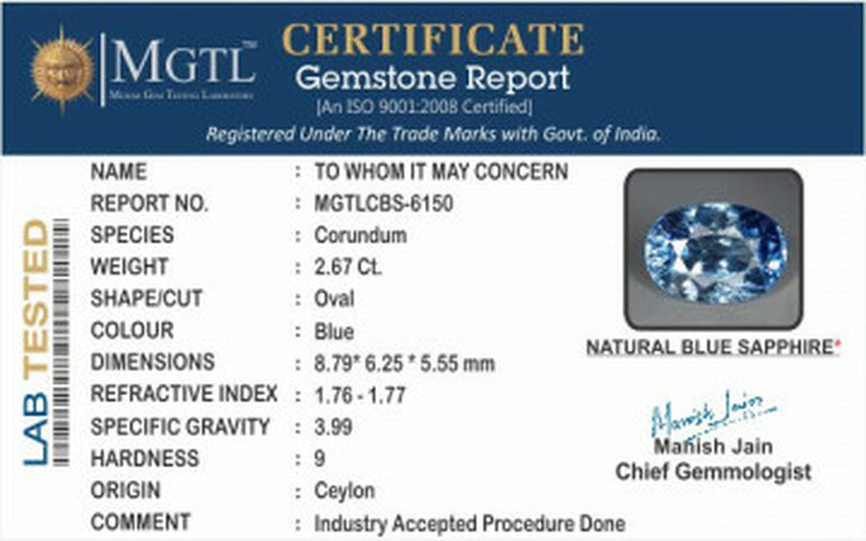 Ceylon Blue Sapphire - CBS-6150 Limited - Quality 2.67 - Carat