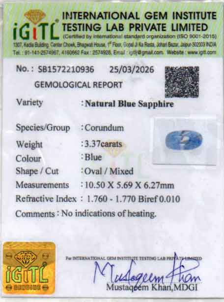 Ceylon Blue Sapphire - 3.37 Carat Fine Quality CBS-6383