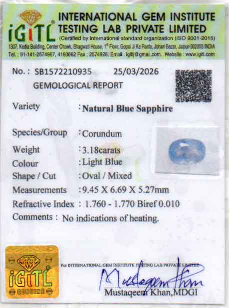 Ceylon Blue Sapphire - 3.18 Carat Fine Quality CBS-6384