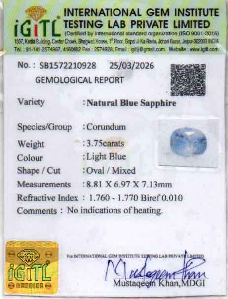 Ceylon Blue Sapphire - 3.75 Carat Fine Quality CBS-6389