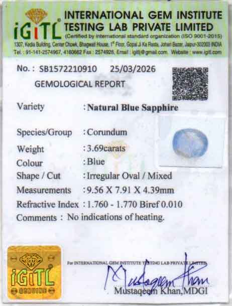 Ceylon Blue Sapphire - 3.69 Carat Fine Quality CBS-6396