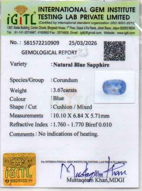 Ceylon Blue Sapphire - 3.67 Carat Fine Quality CBS-6397