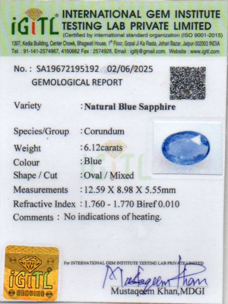Blue Sapphire - 6.12 Carats