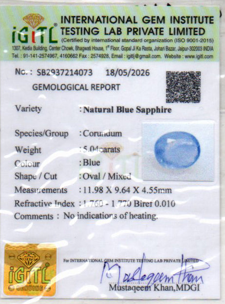 Blue Sapphire - 5.04 Carats