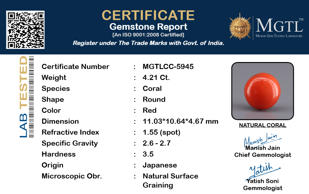 Red Coral - 4.21 Carat (4.65 Ratti - Moonga)