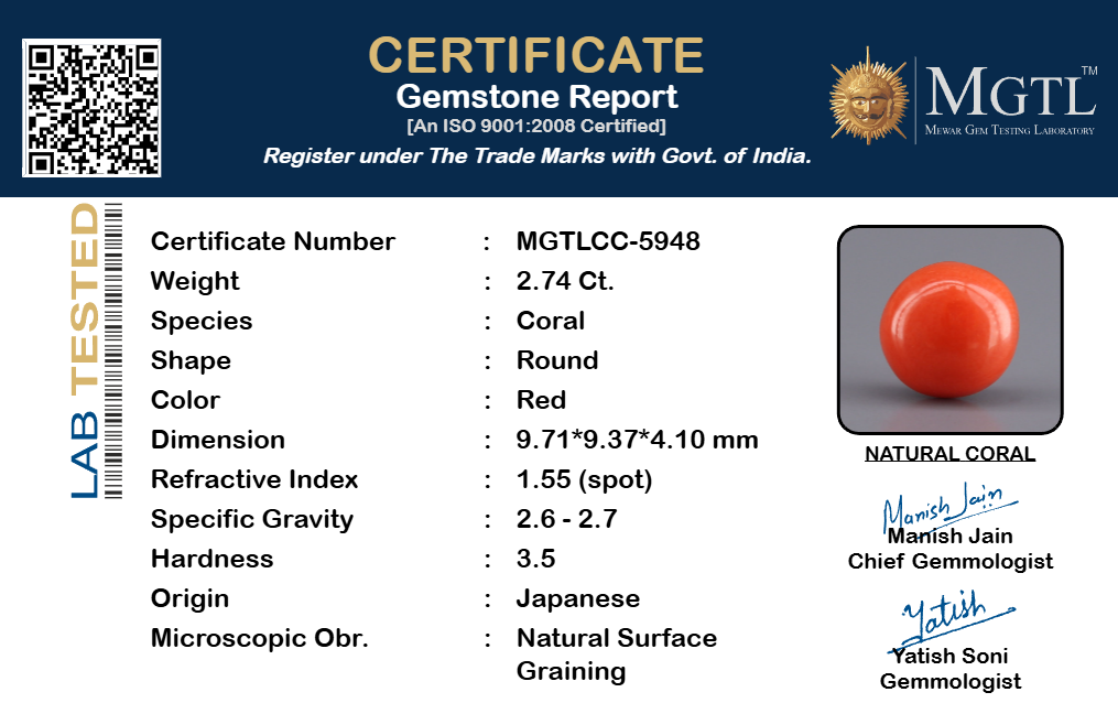 Red Coral - 2.74 Carat (3.03 Ratti - Moonga)