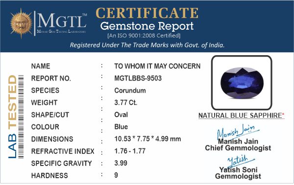Thailand Blue Sapphire - 3.77 Carat Limited Quality BBS-9503