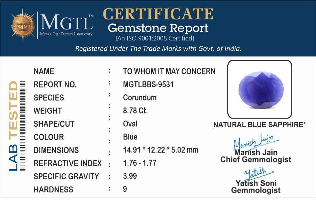 Thailand Blue Sapphire - 8.78 Carat Fine Quality BBS-9531