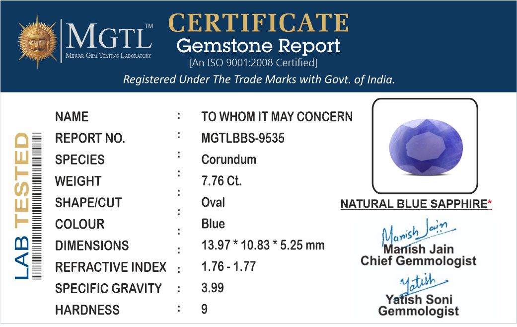 Thailand Blue Sapphire - 7.76 Carat Fine Quality BBS-9535