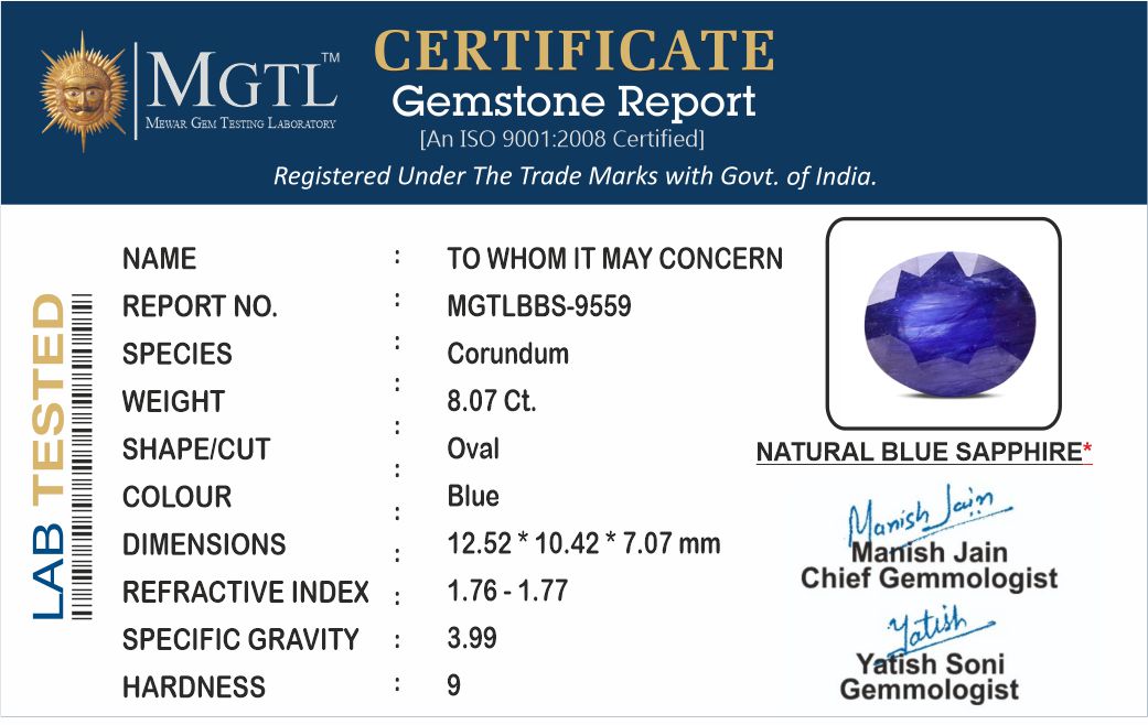 Thailand Blue Sapphire - 8.07 Carat Prime Quality BBS-9559