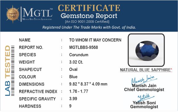 Thailand Blue Sapphire - 3.02 Carat Prime Quality BBS-9568