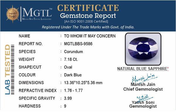 Thailand Blue Sapphire - 7.18 Carat Prime Quality BBS-9586