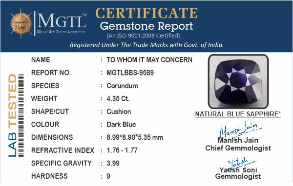 Thailand Blue Sapphire - 4.35 Carat Prime Quality BBS-9589