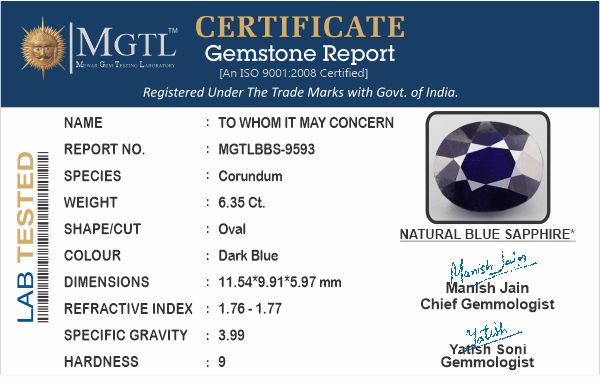 Thailand Blue Sapphire - 6.35 Carat Prime Quality BBS-9593