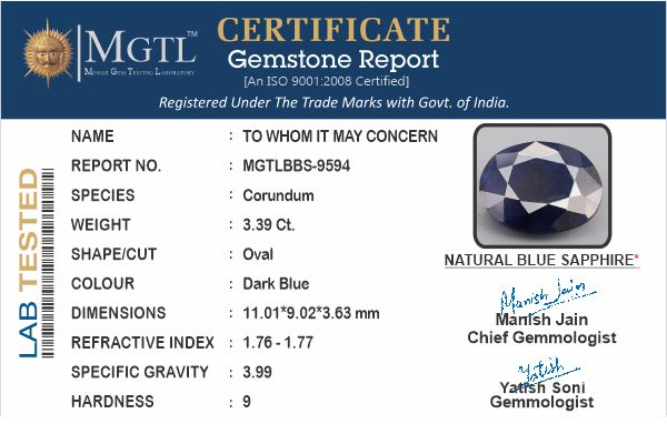Thailand Blue Sapphire - 3.39 Carat Prime Quality BBS-9594