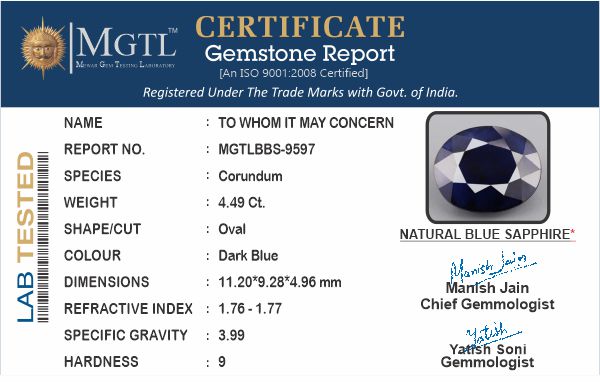Thailand Blue Sapphire - 4.49 Carat Prime Quality BBS-9597