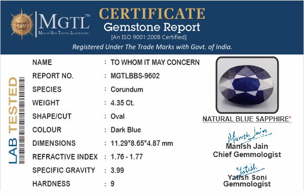 Thailand Blue Sapphire - 4.35 Carat Prime Quality BBS-9602