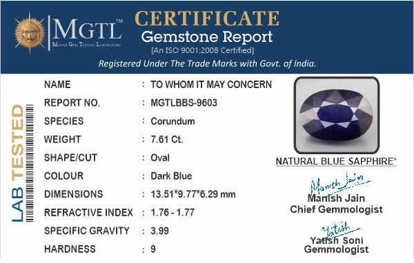 Thailand Blue Sapphire - 7.61 Carat Prime Quality BBS-9603
