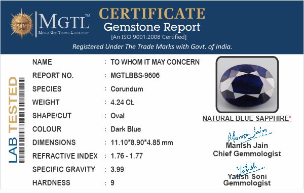 Thailand Blue Sapphire - 4.24 Carat Prime Quality BBS-9606