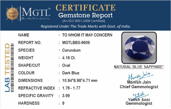 Thailand Blue Sapphire - 4.16 Carat Prime Quality BBS-9609