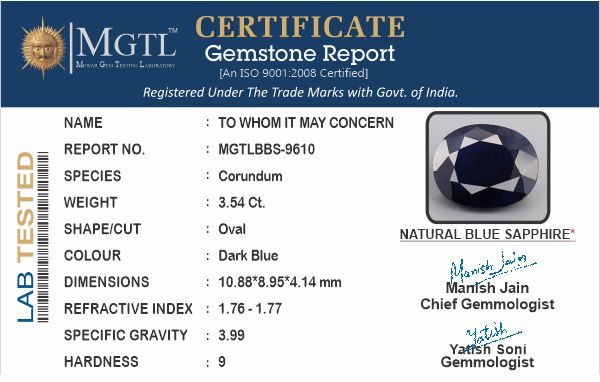Thailand Blue Sapphire - 3.54 Carat Prime Quality BBS-9610