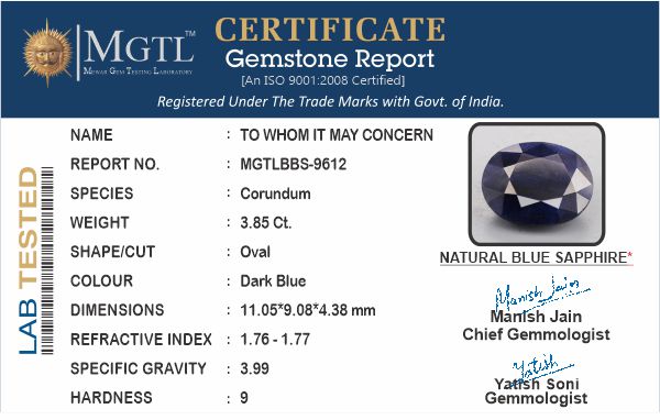 Thailand Blue Sapphire - 3.85 Carat Prime Quality BBS-9612
