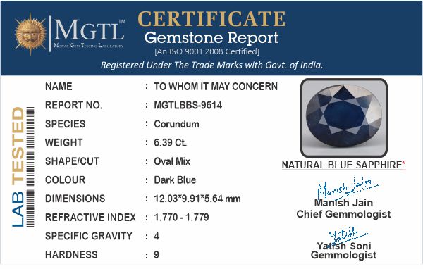 Thailand Blue Sapphire - 6.39 Carat Prime Quality BBS-9614