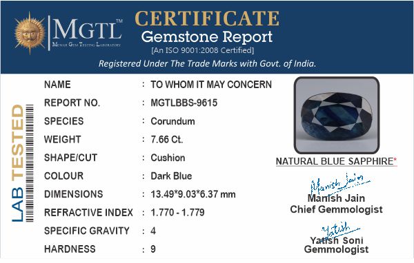 Thailand Blue Sapphire - 7.66 Carat Limited Quality BBS-9615