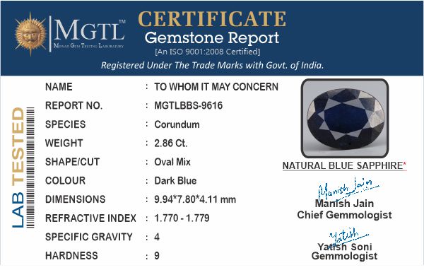 Thailand Blue Sapphire - 2.86 Carat Prime Quality BBS-9616
