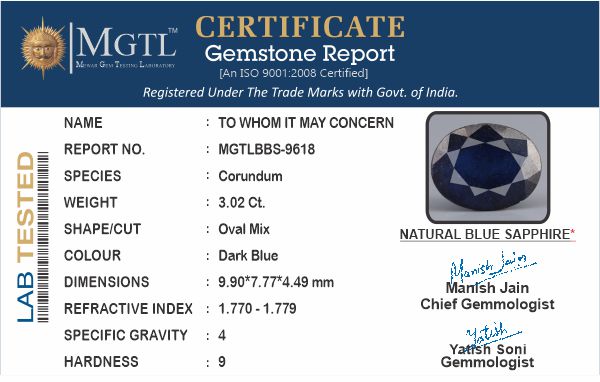 Thailand Blue Sapphire - 3.02 Carat Prime Quality BBS-9618