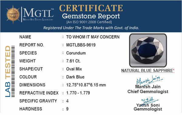 Blue Sapphire - 7.61 Carats