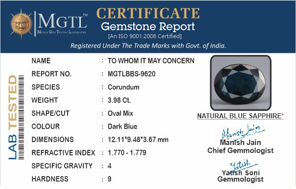 Thailand Blue Sapphire - 3.98 Carat Prime Quality BBS-9620