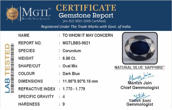 Thailand Blue Sapphire - 6.86 Carat Prime Quality BBS-9621