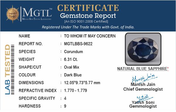 Thailand Blue Sapphire - 6.31 Carat Prime Quality BBS-9622