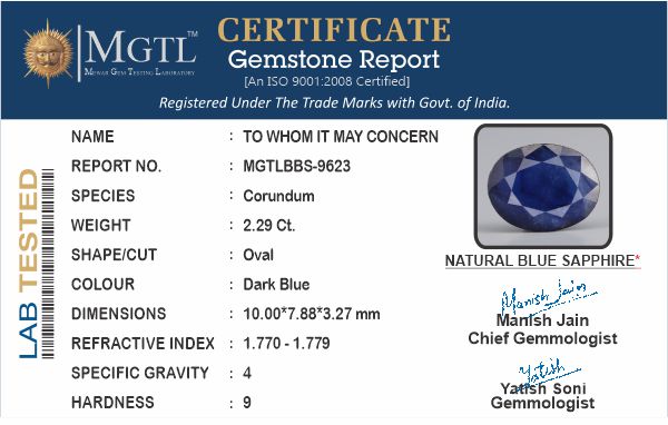 Thailand Blue Sapphire - 2.29 Carat Prime Quality BBS-9623