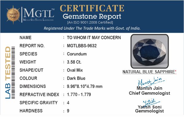 Thailand Blue Sapphire - 3.58 Carat Prime Quality BBS-9632