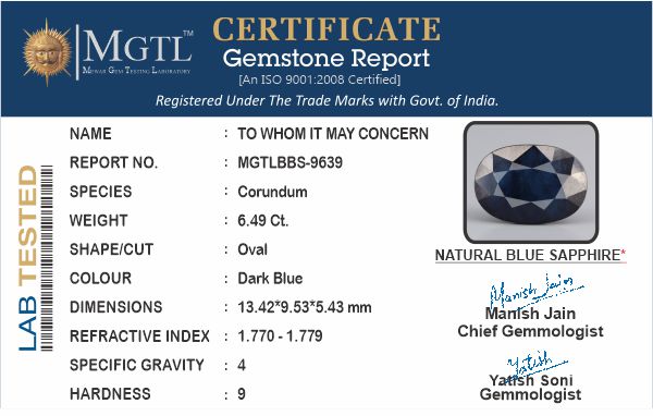 Thailand Blue Sapphire - 6.49 Carat Prime Quality BBS-9639