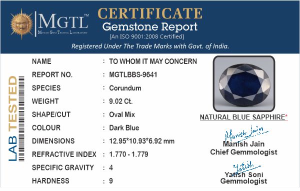Blue Sapphire - 9.02 Carats